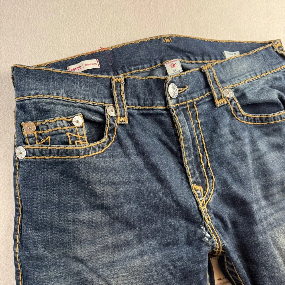 True Religion Rocco Relaxed‎ Skinny Jeans Dark Wash Gold Super T Stitch Mens 36